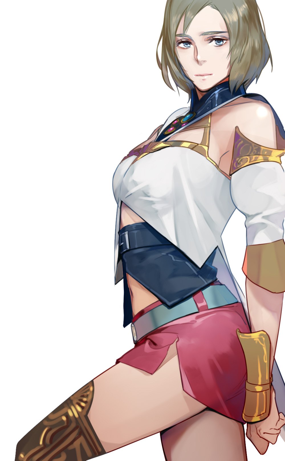 1girl armor ashelia_b'nargin_dalmasca belt blue_eyes breasts brown_hair closed_mouth final_fantasy final_fantasy_xii highres looking_at_viewer miniskirt navel nini_tw99 short_hair simple_background skirt solo thigh-highs white_background