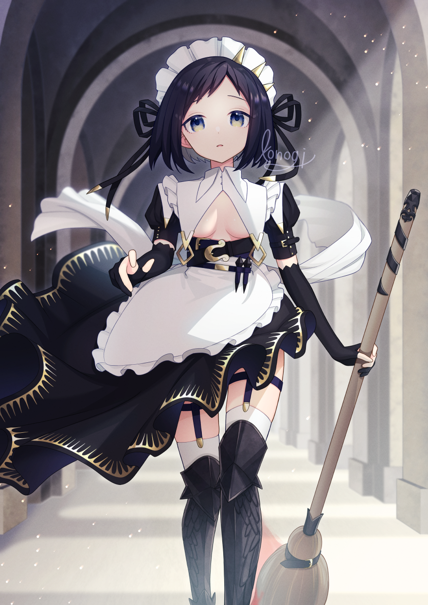 1girl apron black_dress black_gloves black_ribbon breasts broom cowboy_shot dress elbow_gloves gloves hair_ribbon hallway highres holding holding_broom konogi looking_at_viewer maid maid_headdress medium_hair metal_boots multicolored multicolored_eyes original outstretched_hand parted_lips partially_fingerless_gloves puffy_short_sleeves puffy_sleeves ribbon short_sleeves small_breasts smile solo standing thigh-highs under_boob violet_eyes white_apron white_legwear yellow_eyes