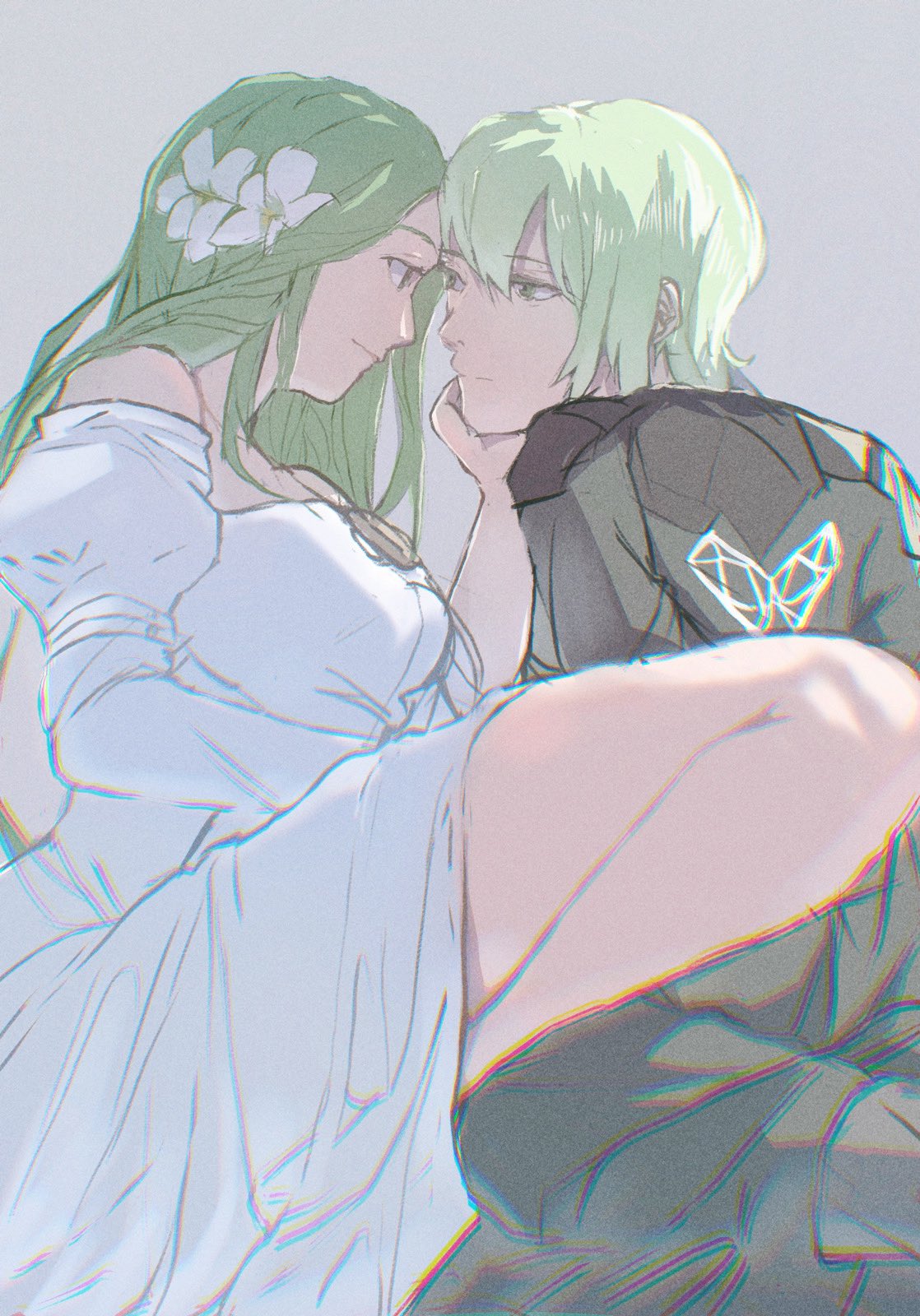 1boy 1girl byleth_(fire_emblem) byleth_eisner_(male) closed_mouth couple dress face-to-face fire_emblem fire_emblem:_three_houses flower forehead-to-forehead green_eyes green_hair hair_flower hair_ornament heads_together hetero highres leg_up rhea_(fire_emblem) smile stroking_cheek tobeflog white_dress