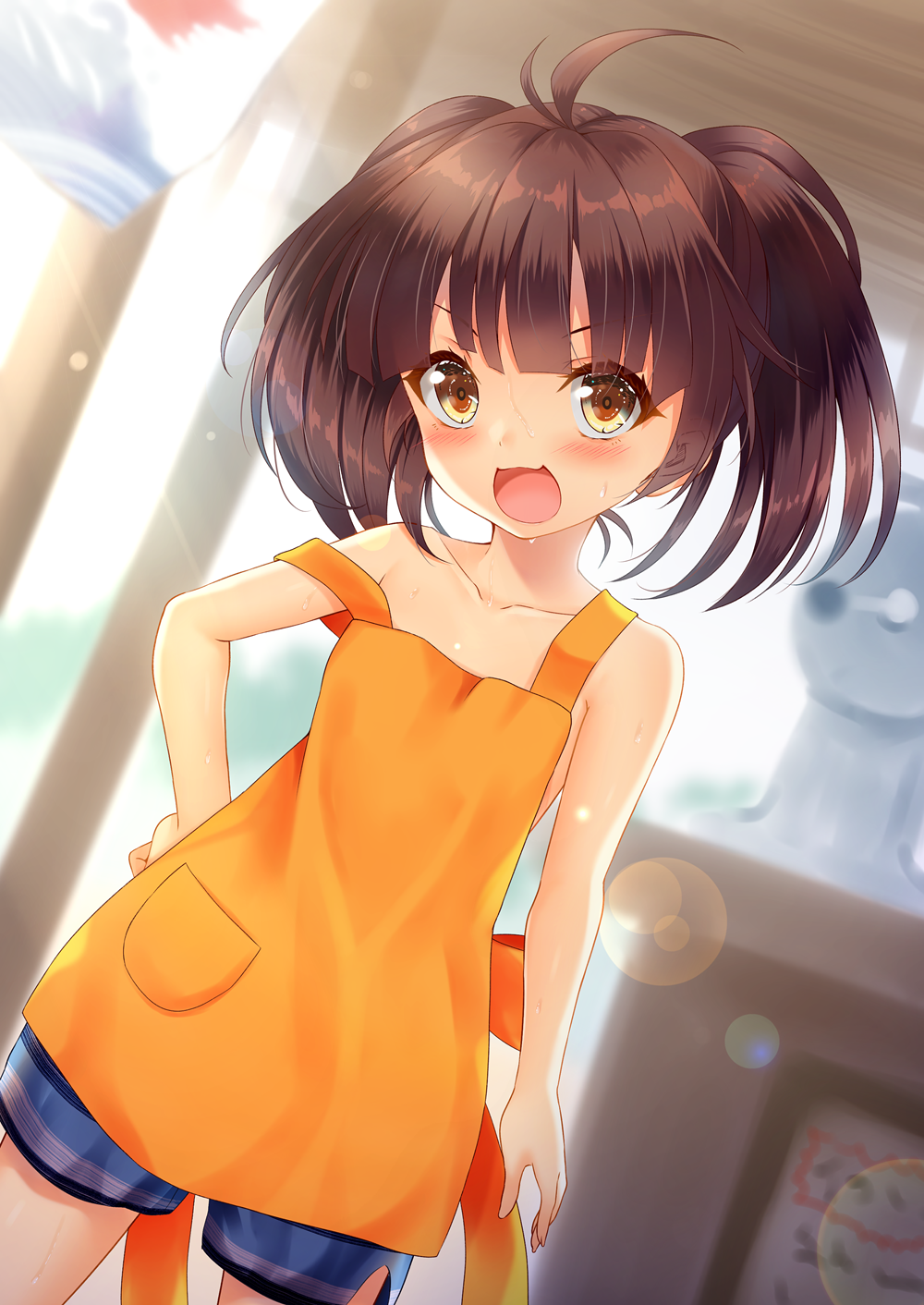 1girl akine_(kuroyuri) apron bemani blurry blurry_background breasts brown_hair collarbone commentary_request highres lens_flare looking_at_viewer medium_hair open_mouth shorts small_breasts solo sound_voltex sweat yamashina_kanade yellow_eyes