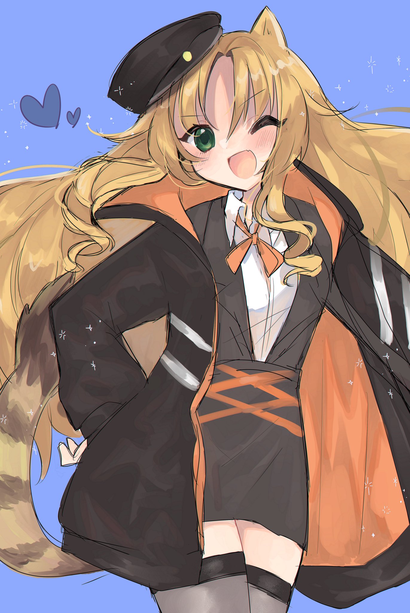 1girl :d animal_ears arknights beret black_jacket black_shirt blue_background collared_shirt commentary_request green_eyes grey_legwear hat heart highres jacket long_hair looking_at_viewer neck_ribbon one_eye_closed open_clothes open_jacket open_mouth orange_hair orange_neckwear ribbon shirt simple_background smile solo swire_(arknights) tail thigh-highs tiger_ears tiger_girl tiger_tail tomatoritori undershirt v-shaped_eyebrows very_long_hair wavy_hair white_shirt