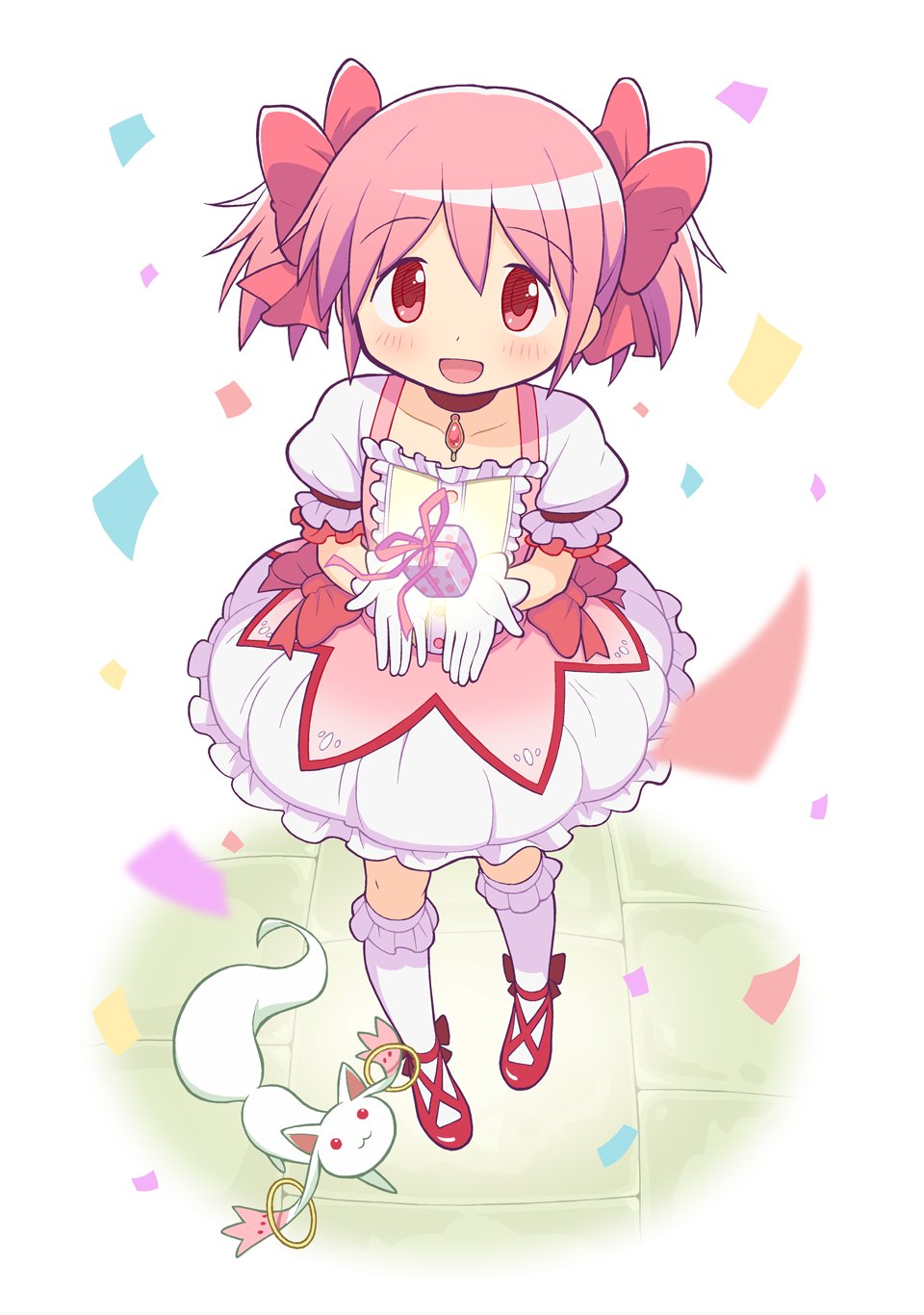 1girl :d bow box bubble_skirt eyebrows_visible_through_hair full_body gecchu gift gift_box highres kaname_madoka kyubey looking_at_viewer magical_girl mahou_shoujo_madoka_magica open_mouth outstretched_arms pink_eyes pink_hair short_hair short_twintails skirt smile solo tareme twintails white_background