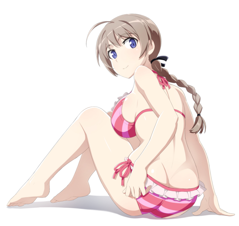 1girl ahoge ass bikini blonde_hair blue_eyes blush braid braided_ponytail breasts butt_crack closed_mouth frilled_bikini frills full_body large_breasts long_hair looking_at_viewer looking_back lynette_bishop nanashino ponytail shiny shiny_hair side-tie_bikini simple_background sitting smile solo strike_witches striped striped_bikini swimsuit white_background world_witches_series