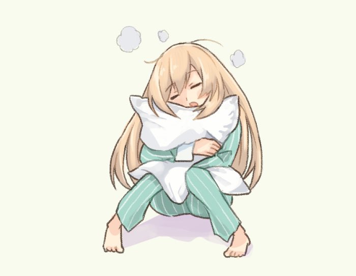 1girl blonde_hair blush closed_eyes commentary eyebrows_visible_through_hair green_pajamas green_pants green_shirt kantai_collection long_hair object_hug open_mouth pants pillow pillow_hug saiguchi_otoufu shirt simple_background sitting solo victorious_(kancolle) waking_up white_background