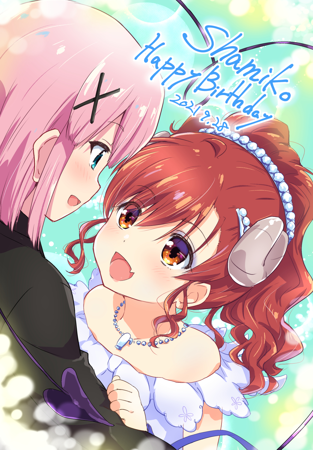 2girls :d ahoge aqua_eyes black_suit blunt_ends blush bride brown_eyes brown_hair character_name chiyoda_momo close-up commentary curled_horns dated demon_girl demon_horns demon_tail dress expressive_tail eyebrows_visible_through_hair fang formal frills gobera hair_ornament hair_up happy_birthday highres horns jewelry lens_flare lilith_(machikado_mazoku) long_hair looking_at_another machikado_mazoku multiple_girls necklace open_mouth pink_hair short_hair sidelocks sideways_mouth skin_fang smile statue tail tail_wrap tiara tuxedo wavy_hair wedding_dress white_dress wife_and_wife x_hair_ornament yoshida_yuuko_(machikado_mazoku) yuri
