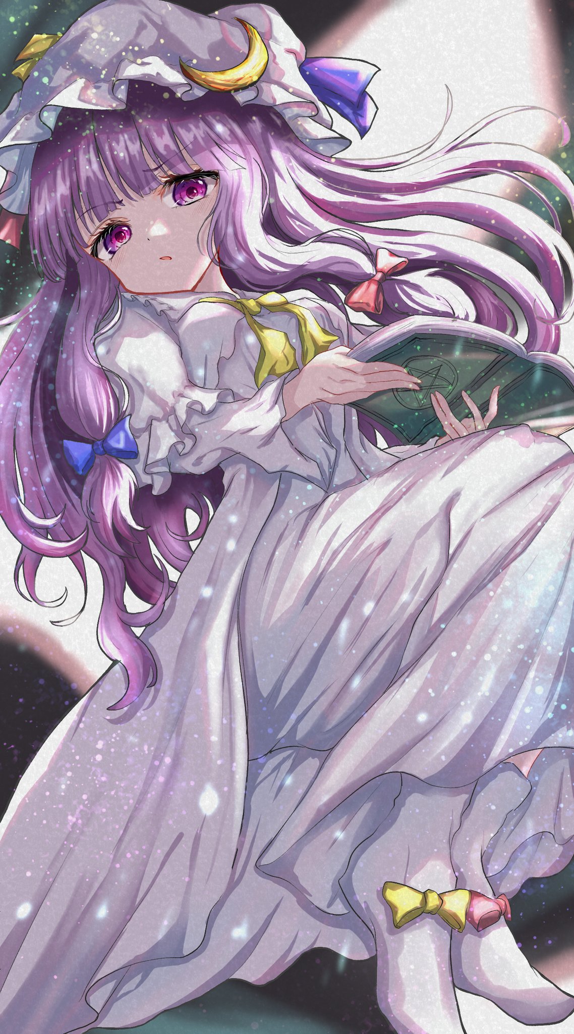 1girl bangs blue_bow blunt_bangs book bow crescent_print dress eyebrows_visible_through_hair footwear_bow hair_bow hat highres holding holding_book kayon_(touzoku) light_particles long_hair long_sleeves looking_at_viewer mob_cap open_book open_mouth patchouli_knowledge pentagram purple_hair red_bow solo touhou violet_eyes white_dress white_footwear white_headwear yellow_bow yellow_neckwear