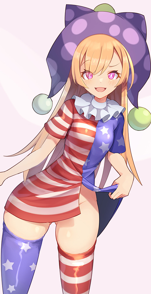 1girl american_flag_dress ass_visible_through_thighs blonde_hair clownpiece hat jester_cap long_hair looking_at_viewer neck_ruff no_panties open_mouth pink_eyes polka_dot purple_headwear simple_background skirt_hold smile solo star_(symbol) star_print striped thigh-highs touhou z.o.b