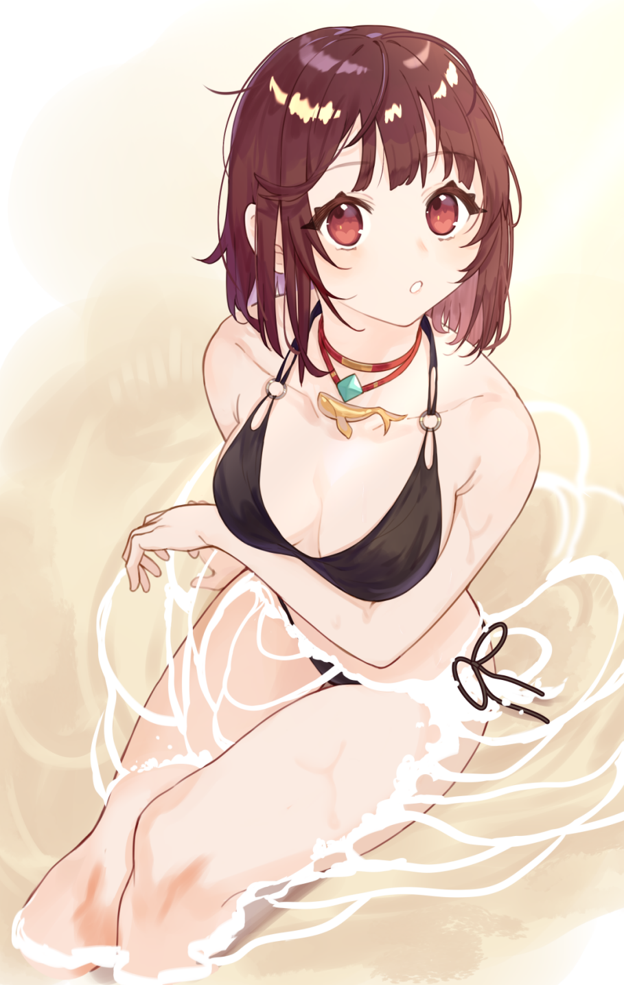 1girl atelier_(series) atelier_sophie bangs bare_arms bare_shoulders bikini black_bikini breasts brown_hair commentary_request eyebrows_visible_through_hair feet_out_of_frame from_above highres looking_at_viewer looking_up medium_breasts o-ring o-ring_bikini o-ring_top parted_lips partially_submerged red_eyes ryuuno6 side-tie_bikini sitting solo sophie_neuenmuller swimsuit