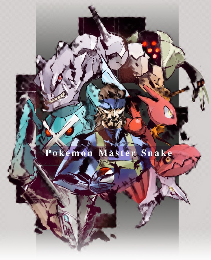 character_name crossover english holding holding_poke_ball ikuyoan metagross metal_gear_solid poke_ball pokemon pun registeel scizor skarmory solid_snake steelix