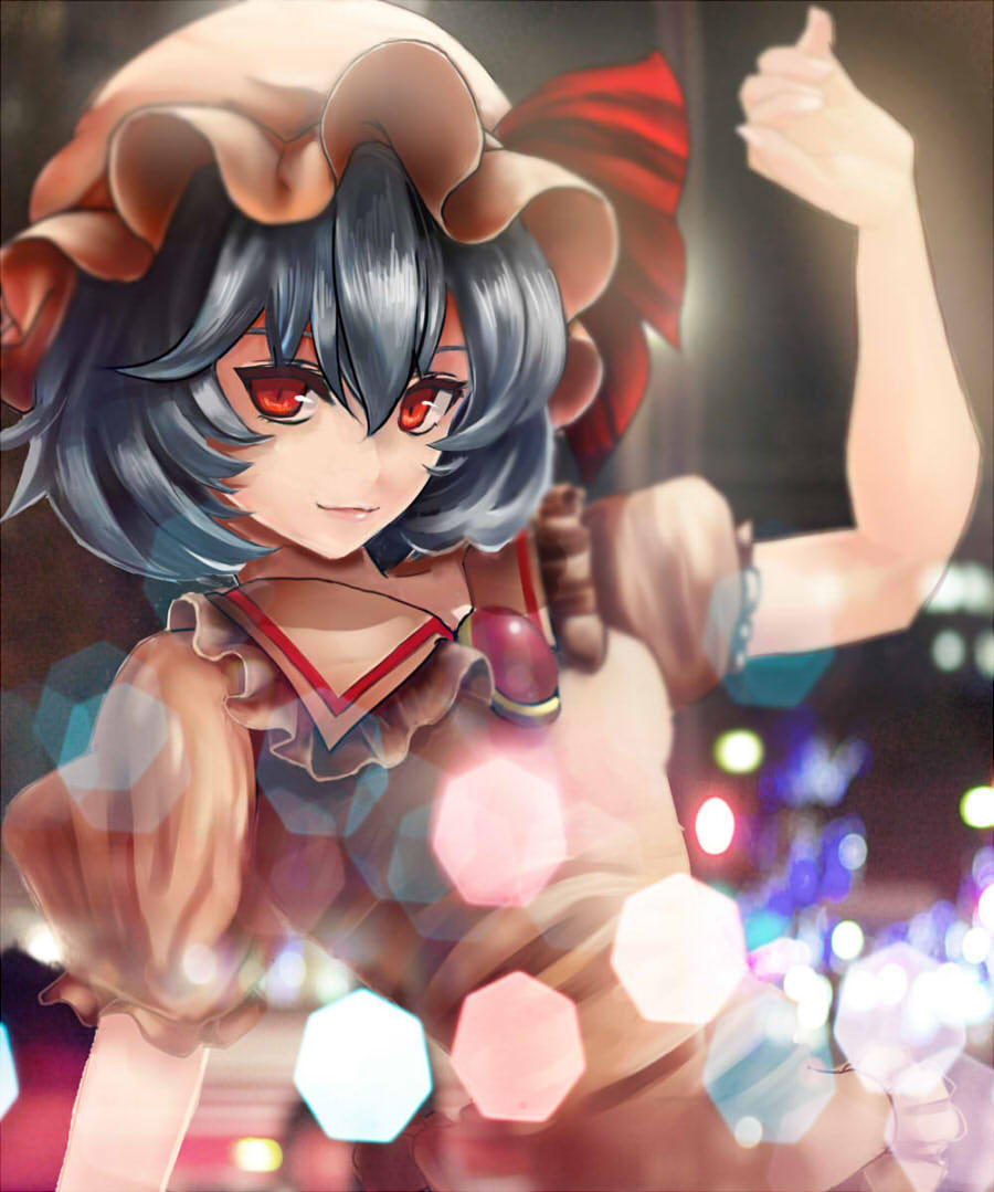 1girl bat_wings dress lavender_hair light_particles light_smile lips mob_cap pink_dress puffy_short_sleeves puffy_sleeves red_eyes remilia_scarlet short_hair short_sleeves solo touhou wings