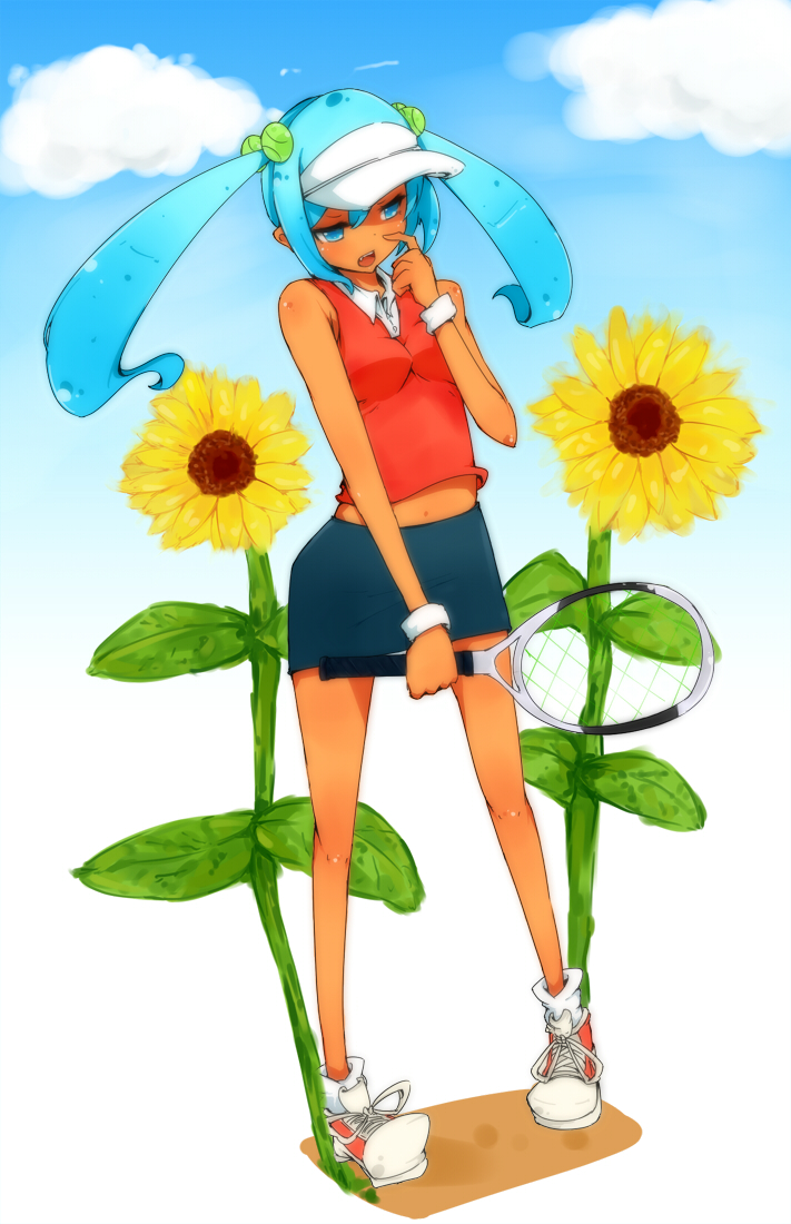 blue_eyes blue_hair blush dark_skin flower hatsune_miku legs long_hair racket skirt sportswear sunflower tennis_racket tennis_uniform twintails visor visor_cap vocaloid zukaketawagase