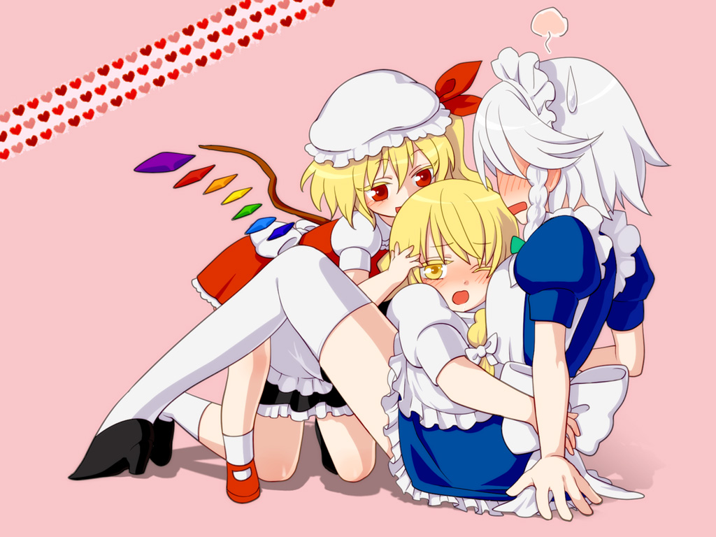 back bad_id blush flandre_scarlet girl_sandwich hat hug izayoi_sakuya kirisame_marisa loup-garou multiple_girls ribbon thighhighs touhou wink