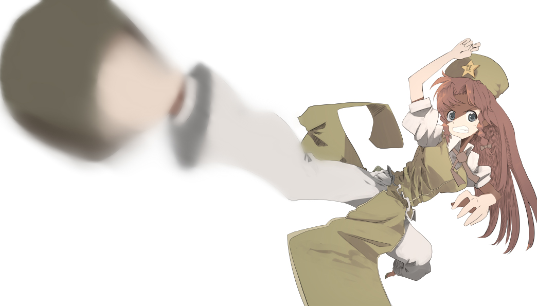 braid china_dress chinese_clothes clenched_teeth fighting_stance foreshortening hat hong_meiling kick kicking long_hair mieharu motion_blur open_mouth perspective red_hair redhead simple_background touhou twin_braids