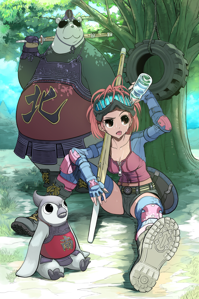 armor bear bird black_eyes boots bottle bougu breasts brown_eyes cleavage diving_mask elbow_pads fingerless_gloves foreshortening gloves goggles helmet knee_pads kogaken original penguin pink_hair red_hair redhead shade shield shinai shorts sitting spread_legs sunglasses sword thighhighs tire tongue tree unzipped water water_bottle weapon wet