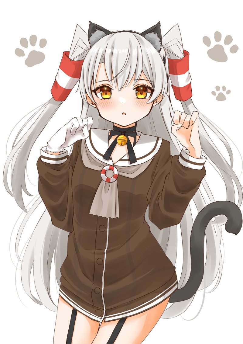 1girl amatsukaze_(kancolle) animal_ears brown_dress cat_ears cat_tail cocoperino commentary_request cowboy_shot dress garter_straps gloves grey_neckerchief hair_tubes hat kantai_collection lifebuoy lifebuoy_ornament long_hair looking_at_viewer mini_hat neckerchief paw_print red_legwear sailor_collar sailor_dress short_dress silver_hair simple_background single_glove smokestack_hair_ornament solo striped striped_legwear tail thigh-highs two_side_up white_background white_gloves white_sailor_collar windsock