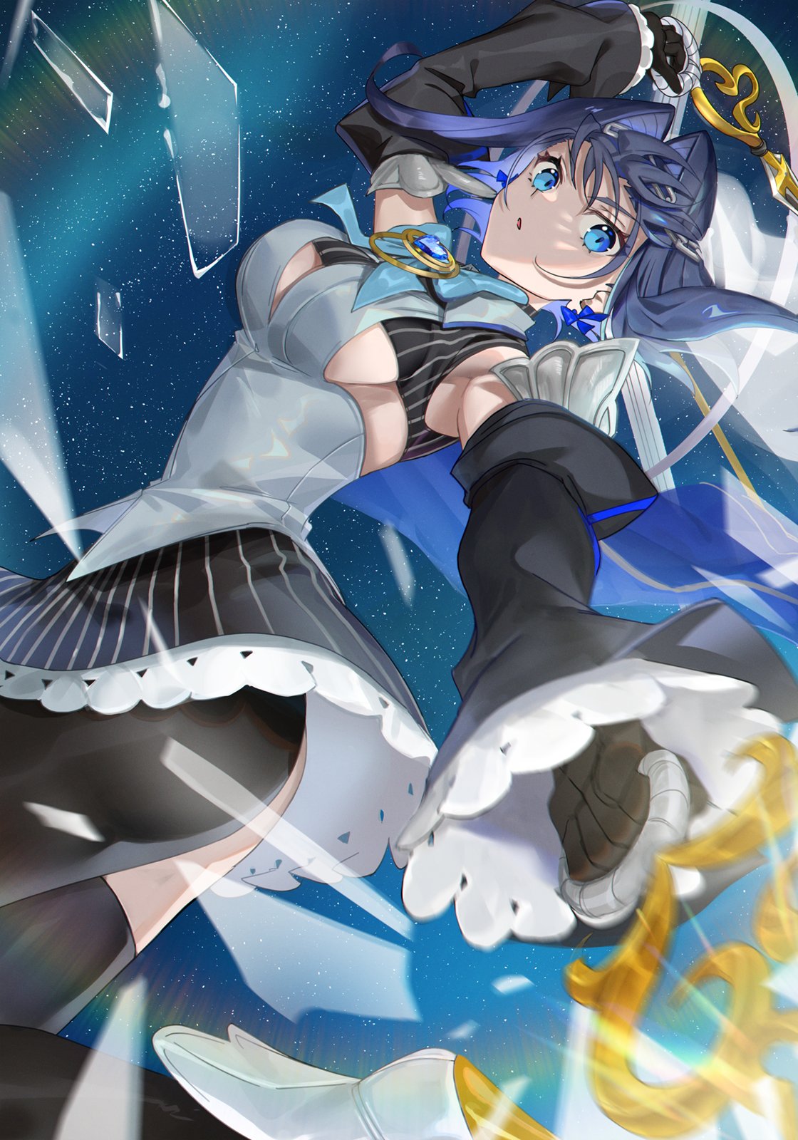 1girl black_gloves black_hair black_legwear black_skirt blue_cape blue_eyes blue_hair breasts cape chain colored_inner_hair cropped_shirt detached_sleeves dual_wielding gloves hair_intakes halo hatsuno_xxx headband heart-shaped_gem highres holding hololive hololive_english juliet_sleeves large_breasts long_sleeves mechanical_halo miniskirt multicolored_hair ouro_kronii pinstripe_pattern pinstripe_shirt pinstripe_skirt puffy_sleeves shirt short_hair skirt sleeveless sleeveless_shirt solo striped under_boob veil virtual_youtuber wide_sleeves