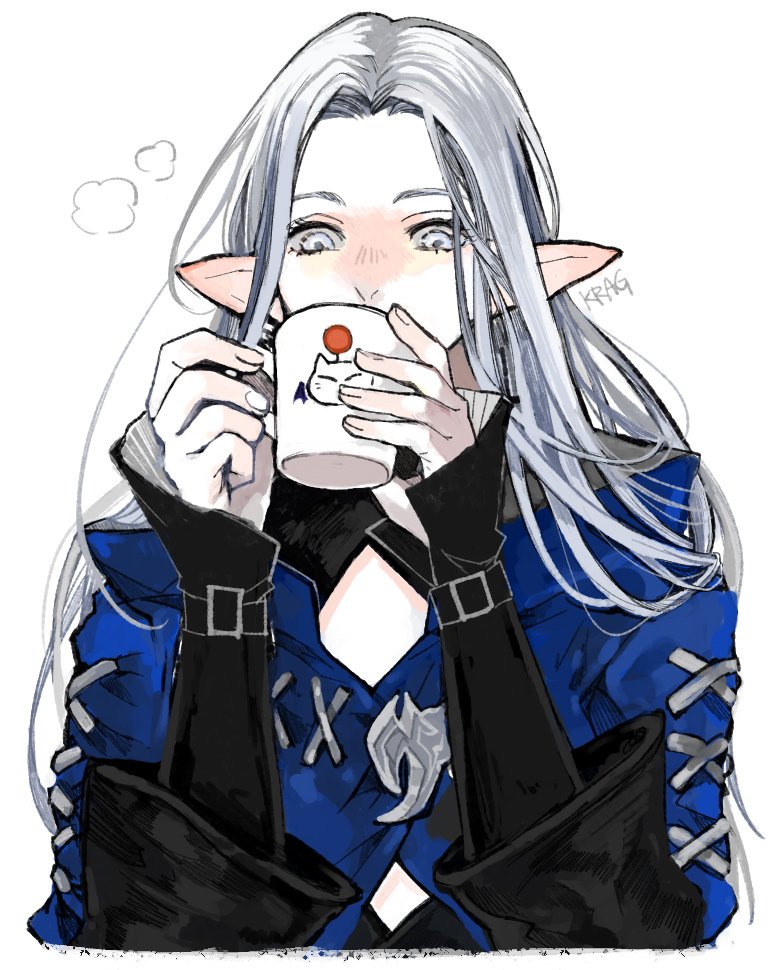 1girl blue_coat coat covered_mouth cup drinking elezen elf final_fantasy final_fantasy_xiv grey_eyes holding holding_cup long_hair long_sleeves looking_down moogle mug pointy_ears signature silver_hair simple_background solo upper_body white_background ysayle_dangoulain yum0811