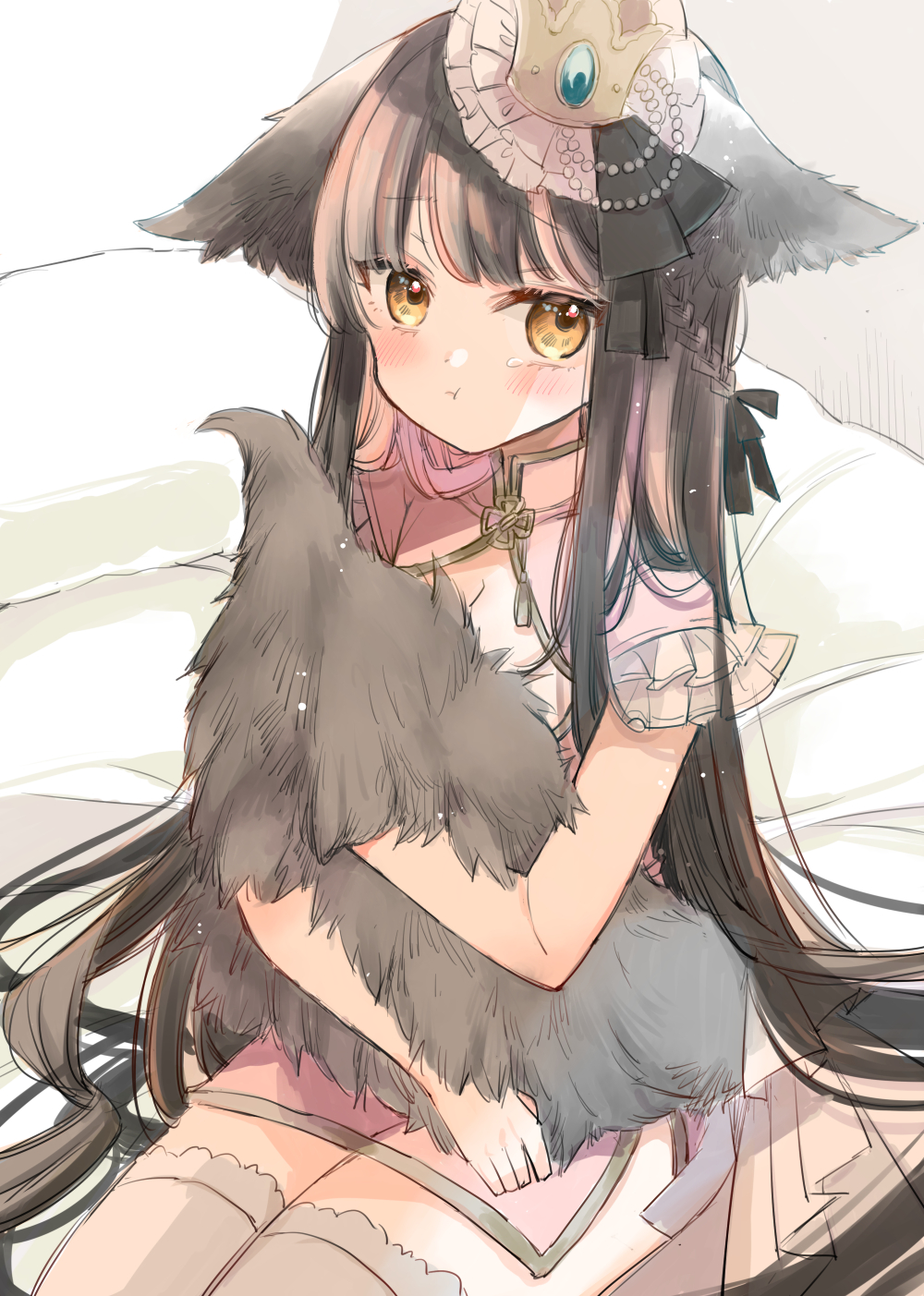 1girl :t animal_ears bangs black_hair brown_eyes closed_mouth commentary_request crown dress ears_down eyebrows_visible_through_hair grey_legwear highres long_hair looking_at_viewer mini_crown mitoko_(kuma) original pink_dress pout see-through solo tail tail_hug tears thigh-highs very_long_hair wolf_ears wolf_girl wolf_tail