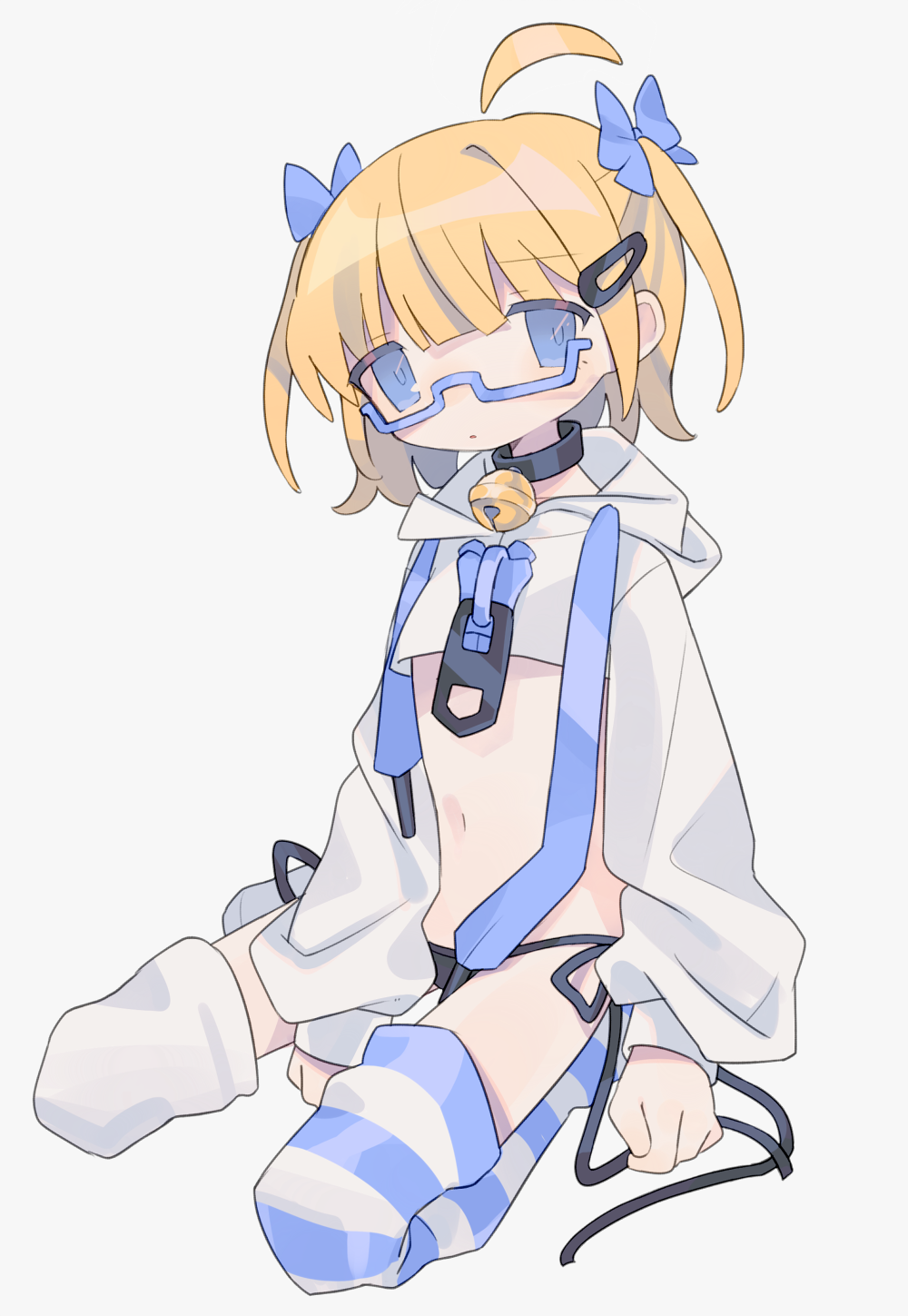 1girl ahoge arm_at_side asymmetrical_legwear bangs bell between_legs black_collar black_panties black_ribbon blonde_hair blue-framed_eyewear blue_bow blue_eyes blue_legwear blunt_bangs bow clenched_hands collar cropped_hoodie daizu_(melon-lemon) expressionless eyes_visible_through_hair floating_hair from_side full_body furrowed_brow glasses grey_background hair_between_eyes hair_bow hair_ornament hairclip hand_between_legs highres hood hood_down hoodie horizontal_stripes jingle_bell long_sleeves looking_at_viewer looking_to_the_side midriff mismatched_legwear navel neck_bell no_nose no_pants no_shoes original panties parted_lips puffy_long_sleeves puffy_sleeves ribbon semi-rimless_eyewear short_hair side-tie_panties simple_background sitting solo stomach striped striped_legwear suspenders swept_bangs tareme thigh-highs two-tone_legwear two_side_up under-rim_eyewear underwear wariza white_hoodie white_legwear zipper