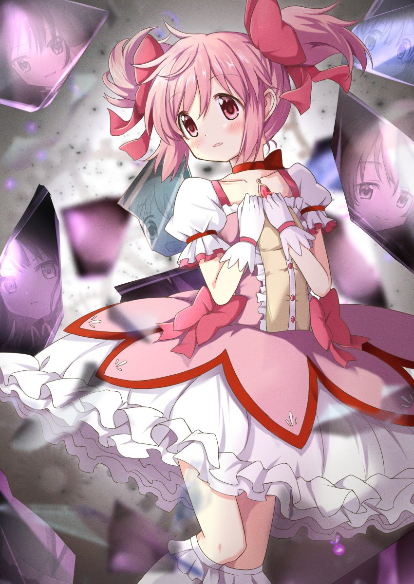 5girls akemi_homura blush broken_glass bubble_skirt frown gears glass glasses gloves highres kaname_madoka looking_at_viewer looking_to_the_side magical_girl mahou_shoujo_madoka_magica mahou_shoujo_madoka_magica_movie multiple_girls pink_eyes pink_hair reflection rikopin short_twintails skirt solo twintails walpurgisnacht_(madoka_magica) white_gloves white_legwear witch_(madoka_magica)