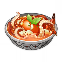 a_prize_catch_(genshin_impact) artist_request bowl commentary crab english_commentary food food_focus garnish genshin_impact leaf lowres mint no_humans octopus official_art soup still_life suction_cups tentacles third-party_source transparent_background