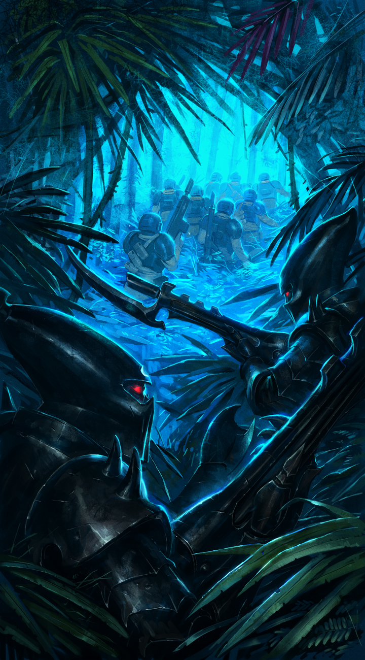 6+boys ameen_naksewee armor commentary dark_eldar english_commentary fern forest from_behind gun helmet highres holding holding_gun holding_weapon multiple_boys nature night outdoors soldier warhammer_40k weapon