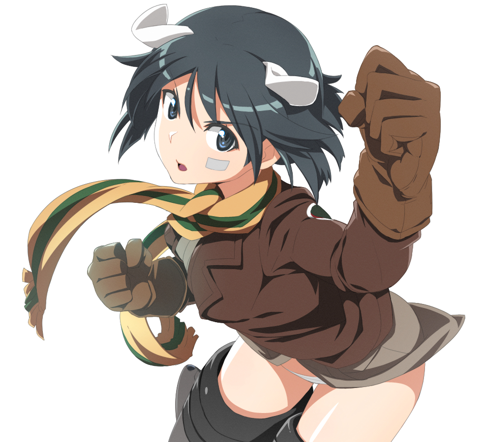 1girl animal_ears bandaid bandaid_on_face black_hair blue_eyes blush brave_witches breasts brown_gloves brown_jacket dog_ears eyebrows_visible_through_hair gloves jacket kanno_naoe looking_at_viewer nanashino open_mouth panties scarf shiny shiny_hair short_hair simple_background small_breasts solo striker_unit underwear white_background white_panties world_witches_series