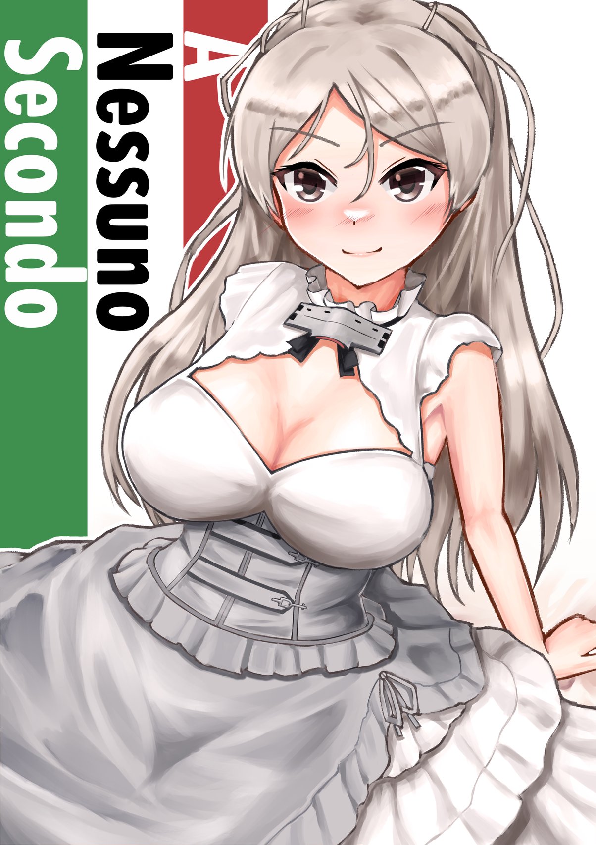1girl bangs blush breasts brown_eyes conte_di_cavour_(kancolle) dress eyebrows_visible_through_hair grey_hair hair_between_eyes highres italian_text kantai_collection large_breasts long_hair owada_(kousonhuchi) short_sleeves simple_background smile solo translation_request upper_body