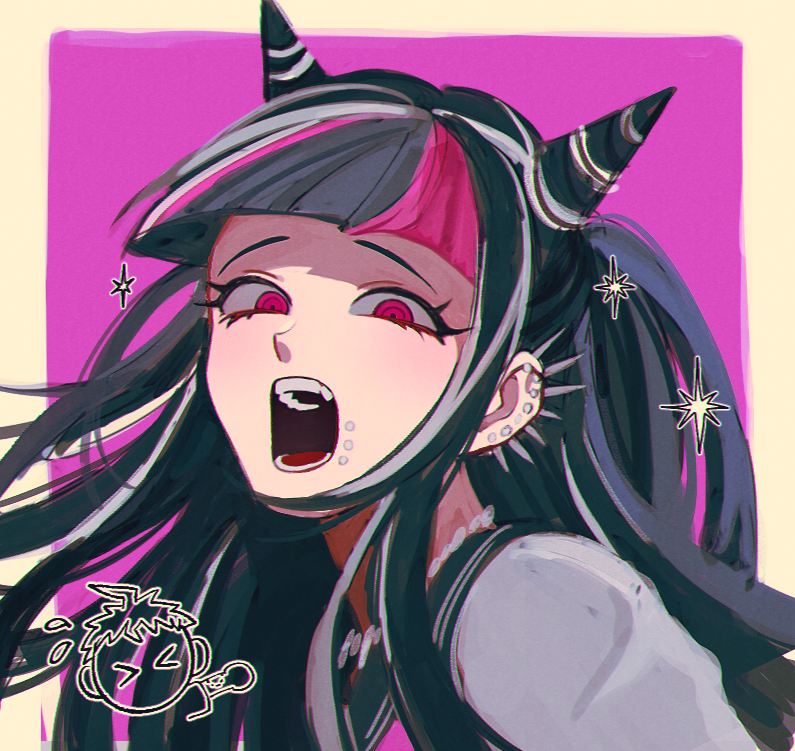 1girl ahoge bangs black_hair black_sailor_collar blue_hair blunt_bangs bong_(0u0bon) danganronpa_(series) danganronpa_2:_goodbye_despair earrings fang hair_horns hinata_hajime jewelry long_hair looking_at_viewer mioda_ibuki multicolored_hair open_mouth piercing pink_background pink_eyes pink_hair portrait sailor_collar short_hair solo white_background white_hair