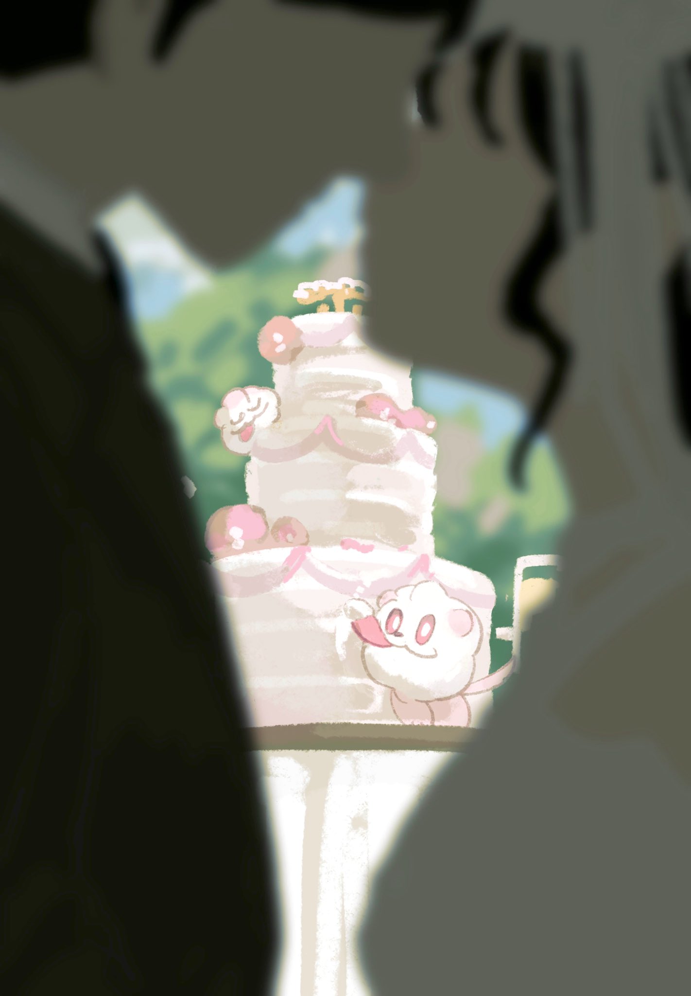 1boy 1girl :3 blurry cake closed_mouth commentary_request draw_pann33 faceless faceless_female faceless_male food highres husband_and_wife licking looking_at_viewer pink_eyes pokemon pokemon_(creature) smile standing swirlix table tongue tongue_out wedding