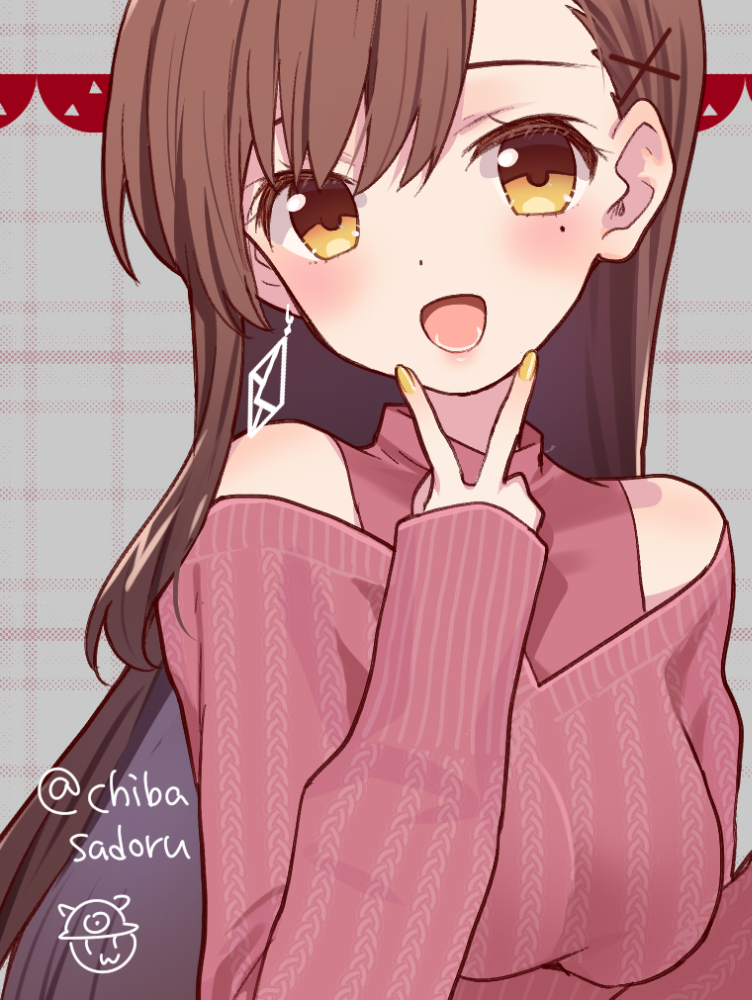 :d artist_logo bangs bare_shoulders blush breasts brown_hair cable_knit chiba_sadoru close-up dot_nose earrings fingernails gakkou_gurashi! hair_behind_ear hair_between_eyes hair_ornament hand_up high_collar inward_v jewelry light_brown_eyes long_hair long_sleeves looking_at_viewer medium_breasts mole mole_under_eye nail_polish off-shoulder_sweater off_shoulder official_art older open_mouth parted_hair plaid plaid_background red_sweater signature smile solo spoilers sweater teeth twitter_username upper_body v v_over_mouth very_long_hair x_hair_ornament yellow_nails