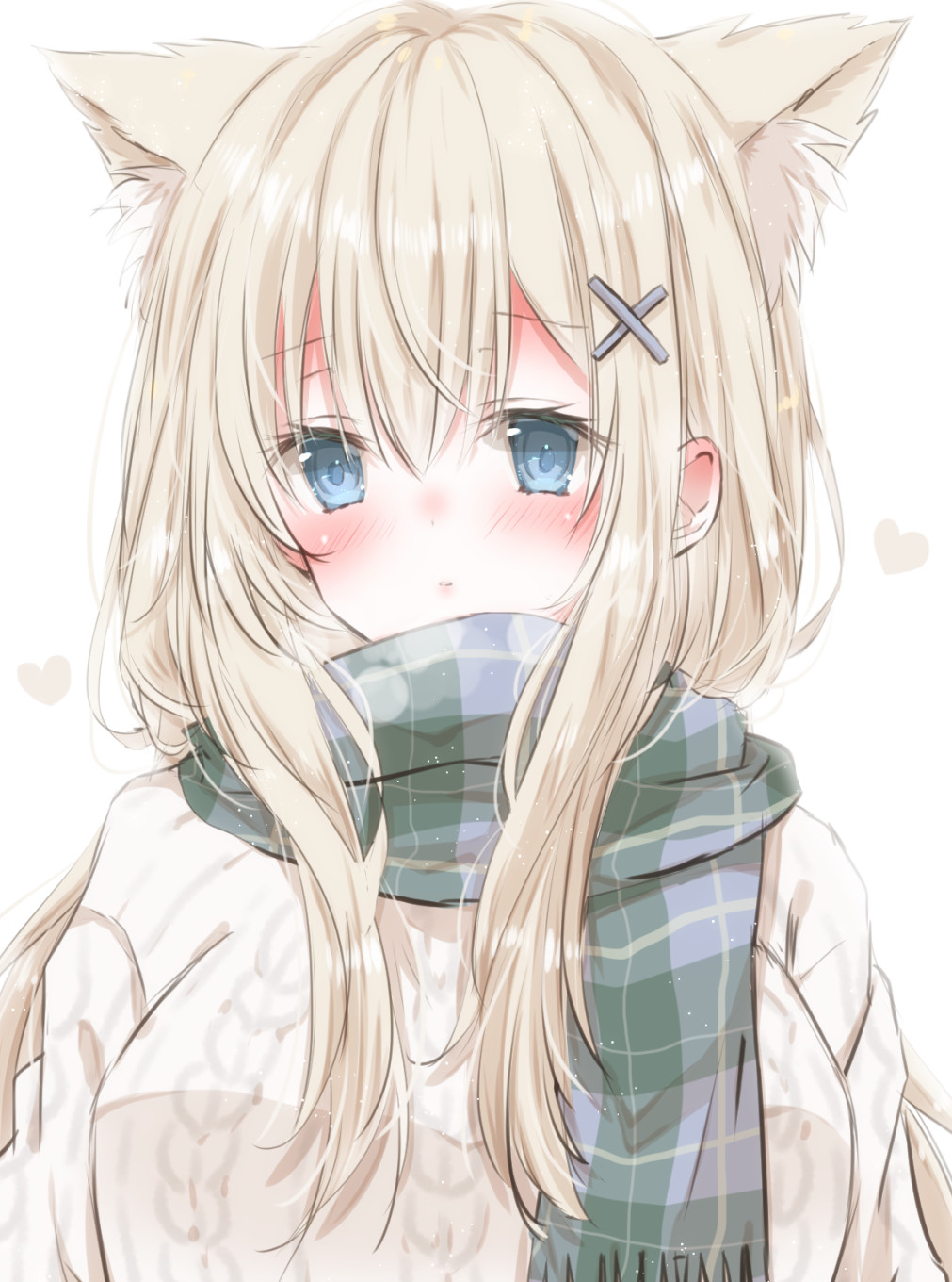 1girl animal_ear_fluff animal_ears bangs blonde_hair blue_eyes blush breasts cat_ears extra_ears eyebrows_visible_through_hair highres hiro_(hirohiro31) long_hair looking_at_viewer medium_breasts original scarf solo sweater upper_body white_background