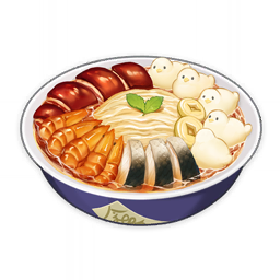 artist_request bowl coin commentary english_commentary fish food food_focus garnish genshin_impact holed_coin leaf lowres meat mint mushroom no_humans no_tomorrow_(genshin_impact) noodles official_art ofuda ramen still_life third-party_source tofu transparent_background