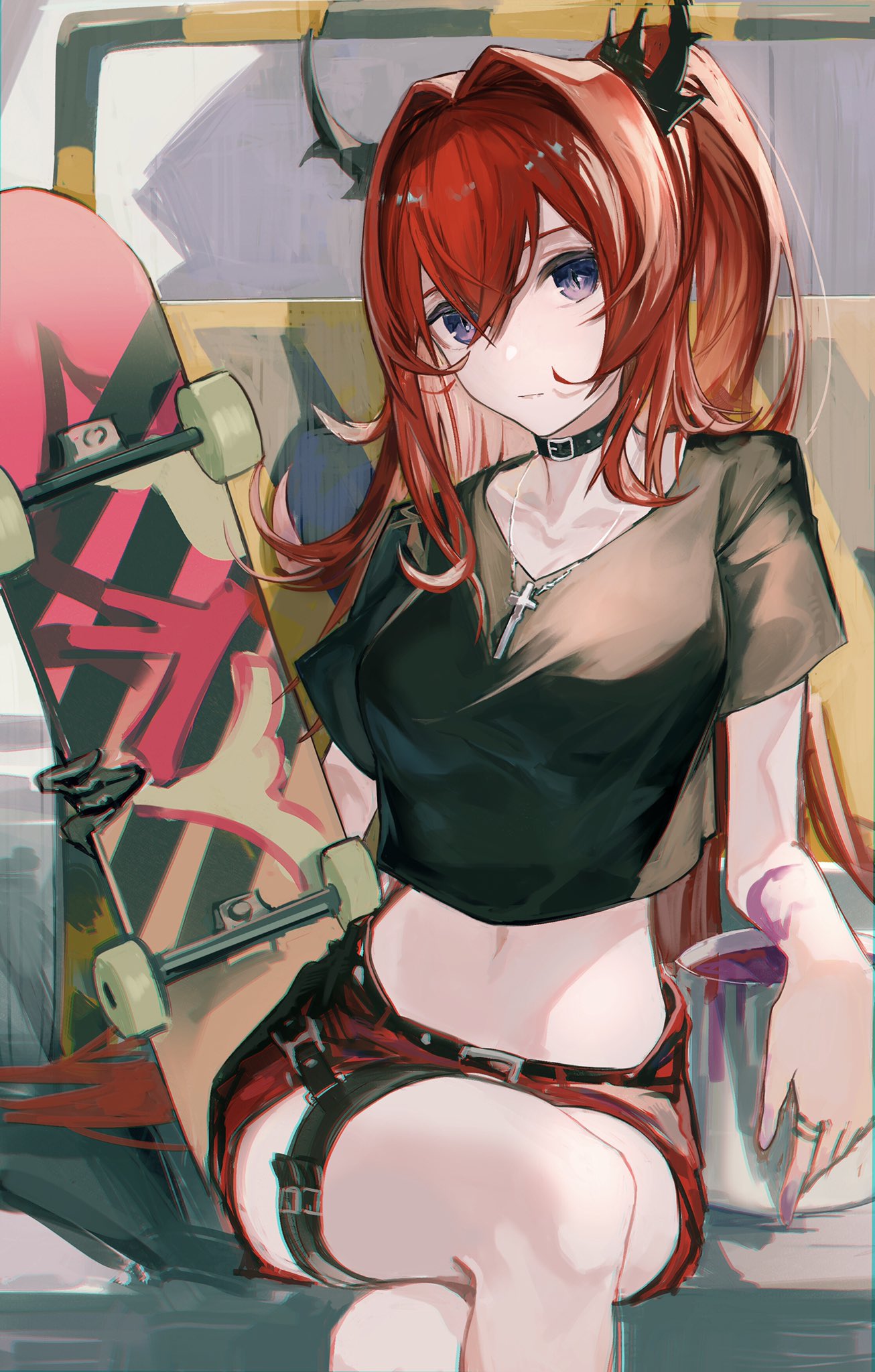 1girl arknights bangs belt belt_collar black_shirt collar commentary cropped_shirt cross cross_necklace crossed_legs hair_between_eyes hair_intakes highres holding holding_skateboard horns jewelry karasuro long_hair looking_at_viewer midriff navel necklace official_alternate_costume ponytail red_shorts redhead revision shirt short_shorts short_sleeves shorts sitting skateboard solo surtr_(arknights) surtr_(liberte_echec)_(arknights) t-shirt violet_eyes