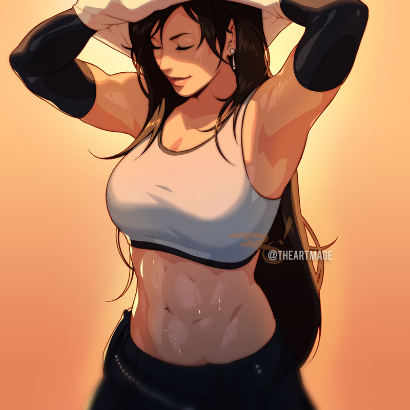 1girl abs armpits arms_up black_hair black_skirt closed_eyes crop_top earrings elbow_gloves final_fantasy final_fantasy_vii final_fantasy_vii_remake gloves jewelry long_hair muscular muscular_female reza_kabir skirt solo sweat tank_top tifa_lockhart toned very_long_hair white_tank_top