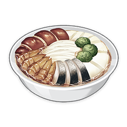 artist_request bowl broccoli come_and_get_it_(genshin_impact) commentary english_commentary fish food food_focus genshin_impact lowres meat mushroom muted_color no_humans noodles official_art ramen still_life third-party_source tofu transparent_background