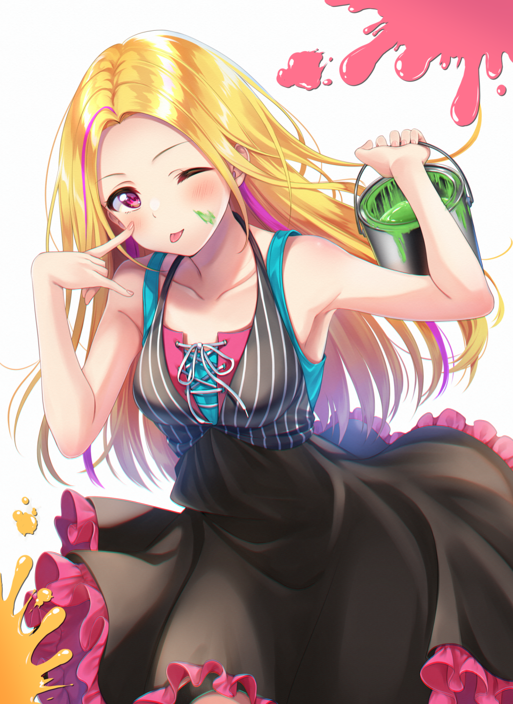 1girl ;p amagi_shino arm_up armpits bare_shoulders black_dress blonde_hair can collarbone dress eyebrows forehead frilled_dress frills hand_up highres holding holding_can multicolored_hair official_art one_eye_closed original paint paint_can paint_splatter pink_hair red_eyes shirt_under_dress shoelaces solo streaked_hair striped striped_dress tongue tongue_out two-tone_hair white_background