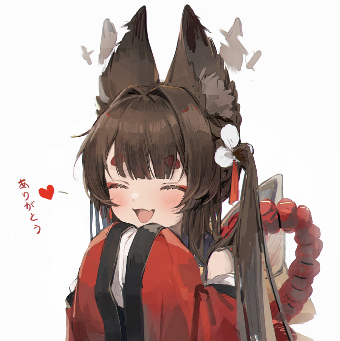1girl afterimage amagi-chan_(azur_lane) animal_ear_fluff animal_ears azur_lane bangs blush brown_hair closed_mouth detached_sleeves douya_(233) ear_wiggle eyebrows_visible_through_hair eyeliner fang fox_ears hair_intakes hands_up heart long_hair long_sleeves makeup open_mouth own_hands_together rope shimenawa skin_fang sleeves_past_fingers sleeves_past_wrists solo thick_eyebrows translation_request twintails upper_body wide_sleeves