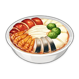 artist_request bowl broccoli come_and_get_it_(genshin_impact) commentary english_commentary fish food food_focus genshin_impact lowres meat mushroom no_humans noodles official_art ramen still_life third-party_source tofu transparent_background