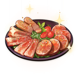 artist_request bacon cherry_tomato cold_cut_platter_(genshin_impact) commentary english_commentary food food_focus genshin_impact ham lettuce lowres meat no_humans official_art sausage sparkle still_life third-party_source tomato transparent_background tray