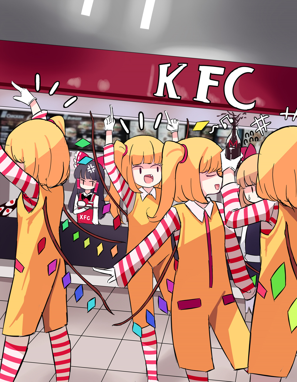 +++ 6+girls :d anger_vein arms_up bangs blonde_hair blunt_bangs bottle closed_eyes cosplay crystal eyebrows_behind_hair fang feet_out_of_frame flandre_scarlet flying_sweatdrops four_of_a_kind_(touhou) gap_(touhou) gloves hakurei_reimu highres holding holding_bottle index_finger_raised kfc multiple_girls no_hat no_headwear one_side_up open_mouth parody ronald_mcdonald ronald_mcdonald_(cosplay) rumia shirt short_hair smile spraying sseopik standing striped striped_shirt touhou white_gloves wing_collar wings
