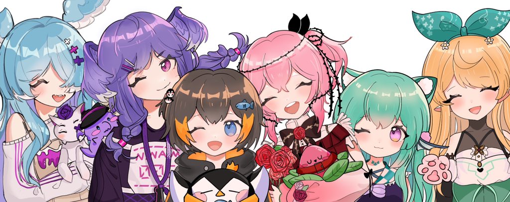 6+girls animal_ear_fluff animal_ears animal_hood bangs bare_shoulders bird blonde_hair blue_eyes blue_hair blush blush_stickers body_markings bow braid brown_hair cat_ears closed_eyes collarbone commentary dragon dragon_girl dragoon_(selen_tatsuki) elira_pendora eyebrows_visible_through_hair fang finana_ryugu fish_hair_ornament flower green_hair hair_ornament hair_ribbon hairclip hat head_wings hood hoodie leaf long_hair monster_girl multicolored_hair multiple_girls nijisanji nijisanji_en nini_niniko obsydia_(nijisanji) one_eye_closed one_eye_covered open_mouth orange_hair pawpads penguin penguin_hair_ornament pentomo_(petra_gurin) petra_gurin pikl_(elira_pendora) pink_hair pointy_ears pomu_rainpuff purple_hair ribbon rose rosemi_lovelock selen_tatsuki short_hair simple_background smile streaked_hair teeth thorns twin_braids violet_eyes virtual_youtuber white_background