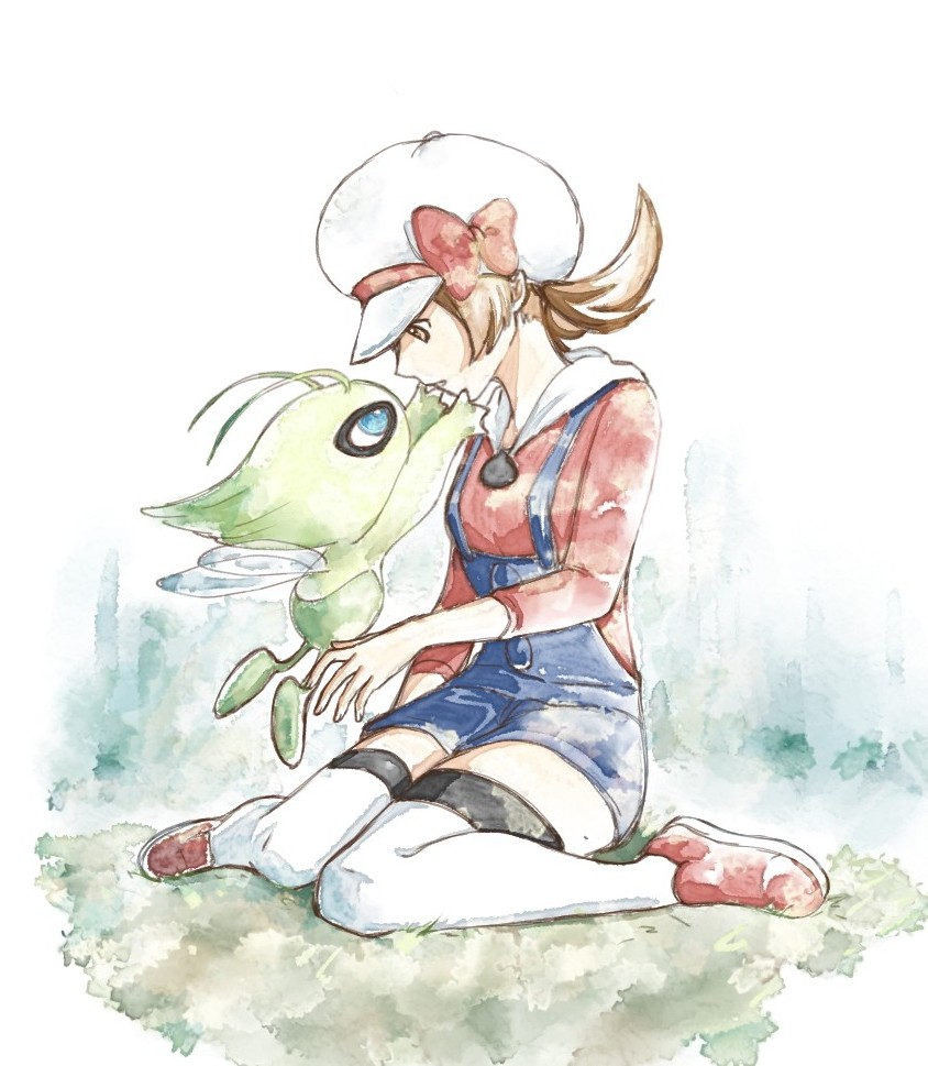 1girl asuka_rkgk blue_overalls bow brown_eyes brown_hair cabbie_hat celebi eye_contact hat hat_bow long_hair looking_at_another looking_down lyra_(pokemon) mythical_pokemon pokemon pokemon_(creature) pokemon_(game) pokemon_hgss red_bow red_footwear red_shirt shirt shoes sitting symbol-only_commentary thigh-highs twintails white_headwear white_legwear