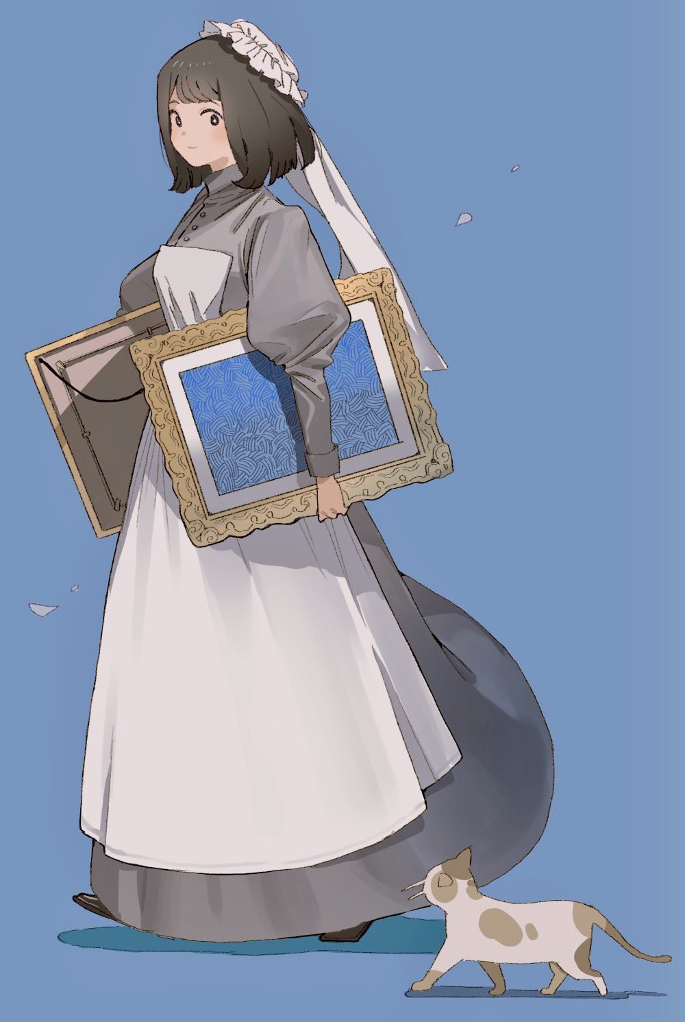 1girl apron bangs blue_background bright_pupils brown_hair buttons cat clouds commentary_request dress full_body grey_dress hat highres holding long_dress long_sleeves maid maid_apron meido-fuku_ga_mitai mob_cap original painting_(object) puffy_long_sleeves puffy_sleeves shadow shoes short_hair simple_background smile solo walking white_pupils