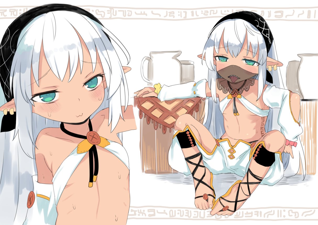 1girl :3 bare_shoulders blue_eyes blush copyright_request earrings fingernails jewelry kereno looking_at_viewer mouth_veil open_pants pants petite pointy_ears puffy_pants sandals sanpaku sharp_teeth sitting sling_bikini_top solo sweat teeth tongue tongue_out veil