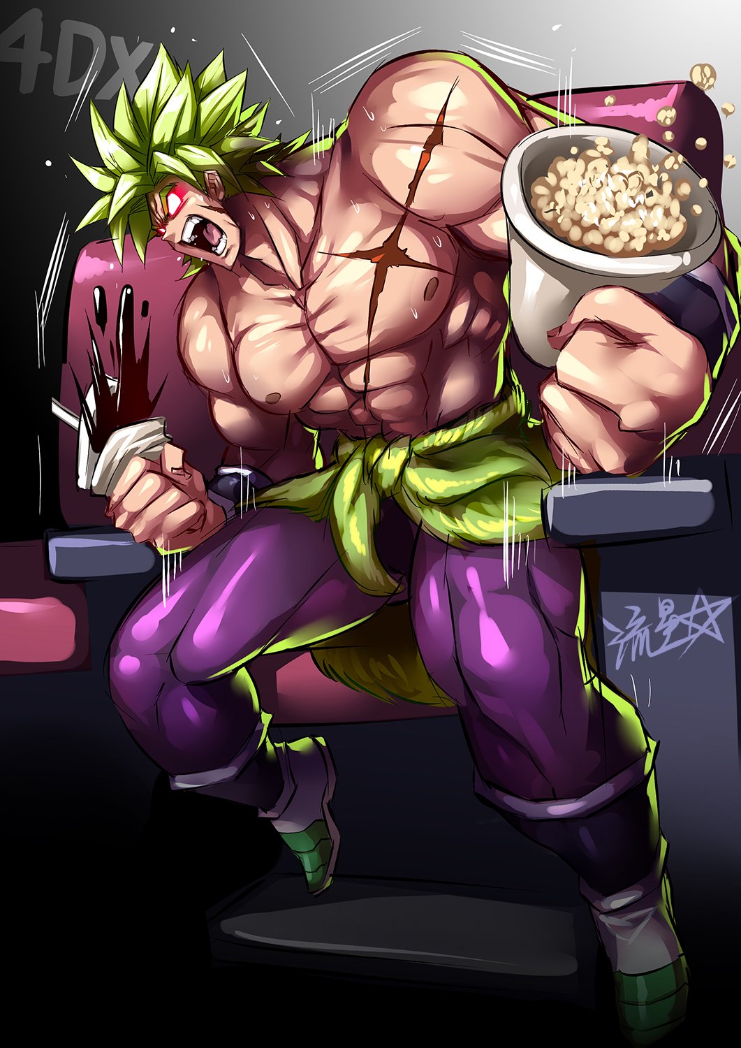 1boy abs blank_eyes broly_(dragon_ball_z) clenched_teeth cup disposable_cup dragon_ball dragon_ball_super dragon_ball_super_broly drinking_straw food green_hair highres male_focus movie_theater muscular muscular_male open_mouth pants parody pectorals popcorn purple_pants red_eyes ryuusei_(mark_ii) scar scar_on_chest seat signature sitting solo spiky_hair spilling super_saiyan teeth topless_male waist_cape wide-eyed