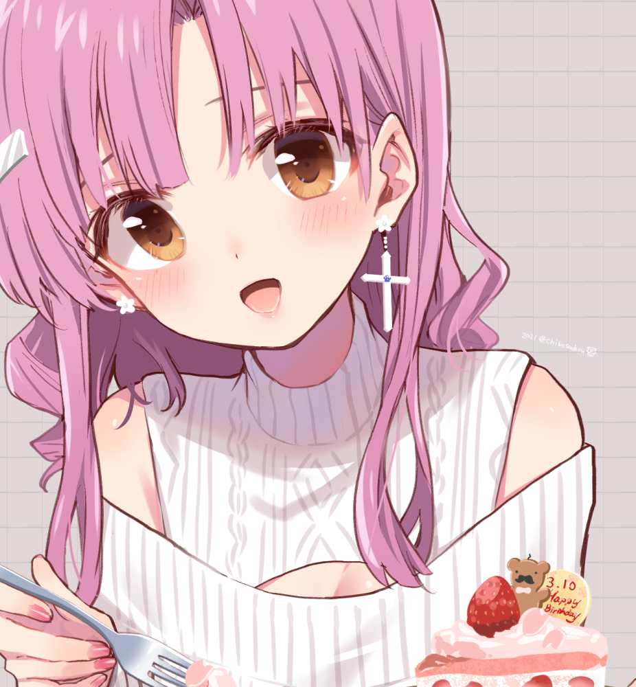 1girl :d bangs bare_shoulders birthday_cake blunt_bangs blush body_blush brown_eyes cable_knit cake cake_slice center_opening chiba_sadoru cleavage_cutout close-up clothing_cutout cross cross_earrings dated earrings face fingernails flower_earrings food fork fruit gakkou_gurashi! grey_background hair_intakes hair_ornament hairclip hand_up happy_birthday head_tilt high_collar holding holding_fork jewelry long_hair meme_attire nail_polish official_art open-chest_sweater open_mouth parted_bangs pink_hair pink_nails ribbed_sweater ringlets sakura_megumi shiny shiny_skin sidelocks signature smile solo strawberry stud_earrings sweater tareme teeth turtleneck turtleneck_sweater upper_body whipped_cream white_sweater