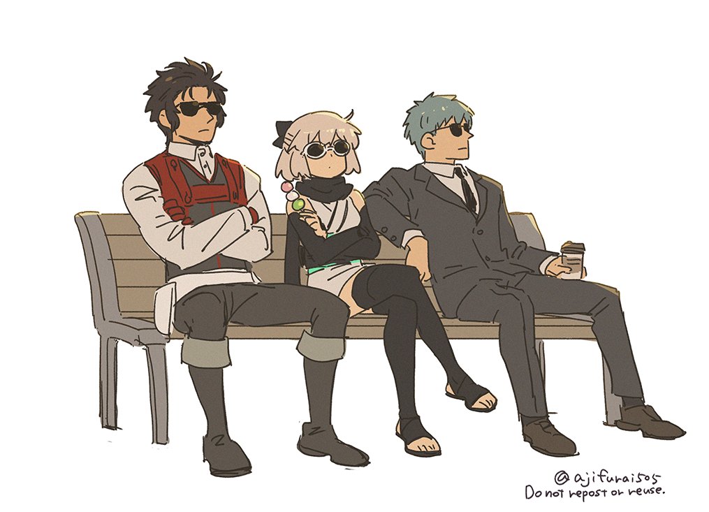 1girl 2boys asaya_minoru bare_shoulders black_footwear black_hair black_jacket black_legwear black_neckwear black_pants black_vest boots brown_footwear brown_hair coffee_cup collared_shirt crossed_legs cup dango disposable_cup english_text fate/grand_order fate_(series) food formal grey_hair hijikata_toshizou_(fate) holding holding_cup holding_food jacket japanese_clothes kimono knee_boots koha-ace long_sleeves multiple_boys necktie okita_souji_(fate) on_bench pants saitou_hajime_(fate) sanshoku_dango shirt shoes simple_background sitting sleeveless sleeveless_kimono stirrup_legwear suit sunglasses thigh-highs toeless_legwear twitter_username vest wagashi white-framed_eyewear white_background white_kimono white_shirt