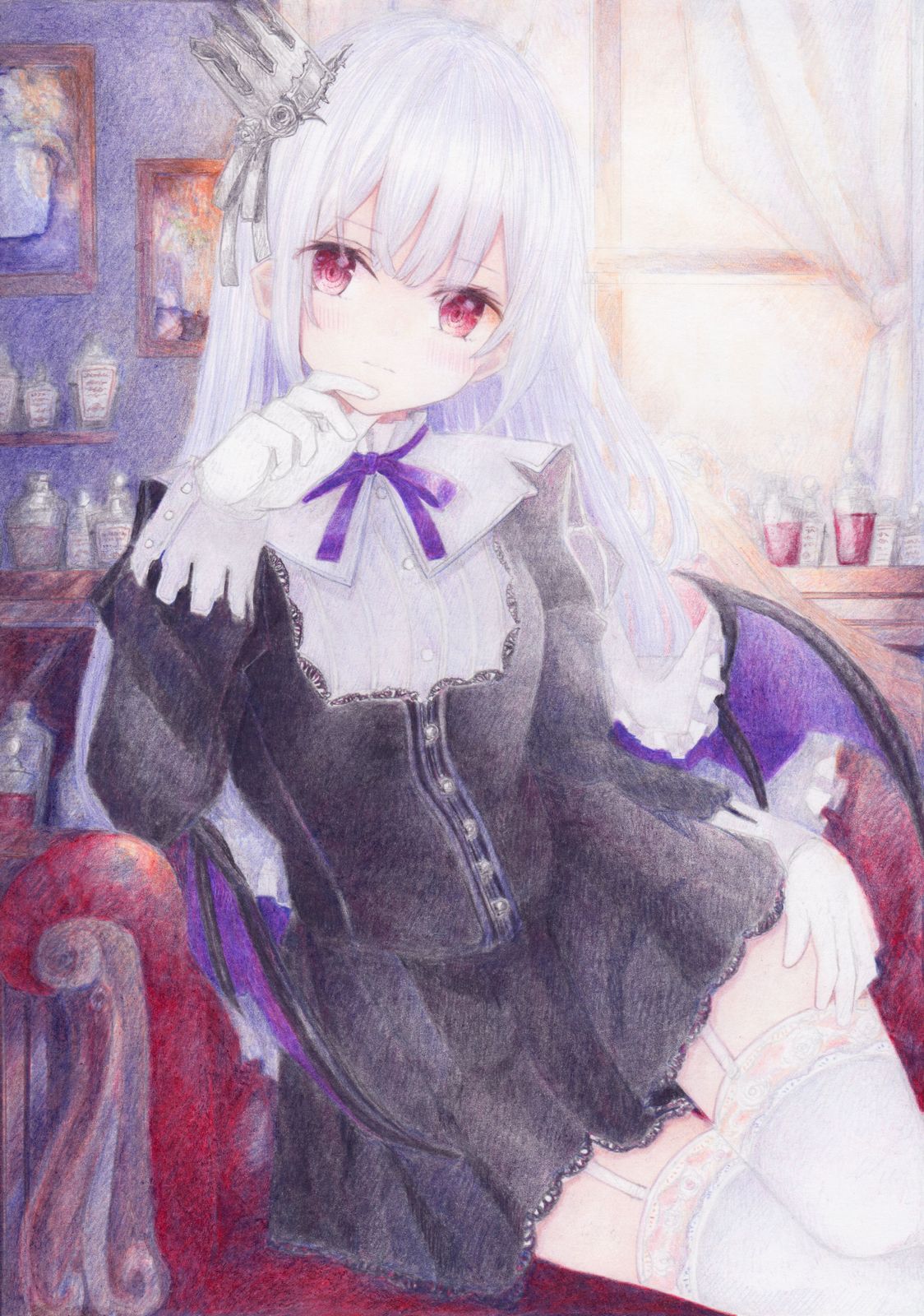 1girl black_dress blush chair closed_mouth colored_pencil_(medium) crown darkkanan dress eyebrows_visible_through_hair garter_straps garters gloves highres indoors long_hair long_sleeves looking_at_viewer mini_crown original painting_(medium) red_eyes sidelocks silver_hair sitting solo thigh-highs thighs traditional_media watercolor_(medium) white_gloves white_hair