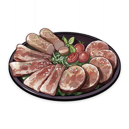 artist_request bacon cherry_tomato cold_cut_platter_(genshin_impact) commentary english_commentary food food_focus genshin_impact ham lettuce lowres meat muted_color no_humans official_art sausage still_life third-party_source tomato transparent_background tray